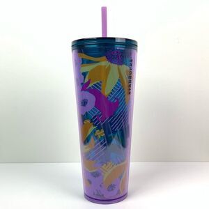 Starbucks 24 oz Tall Purple Floral Wave Venti Acrylic Cold Tumbler Lid Straw